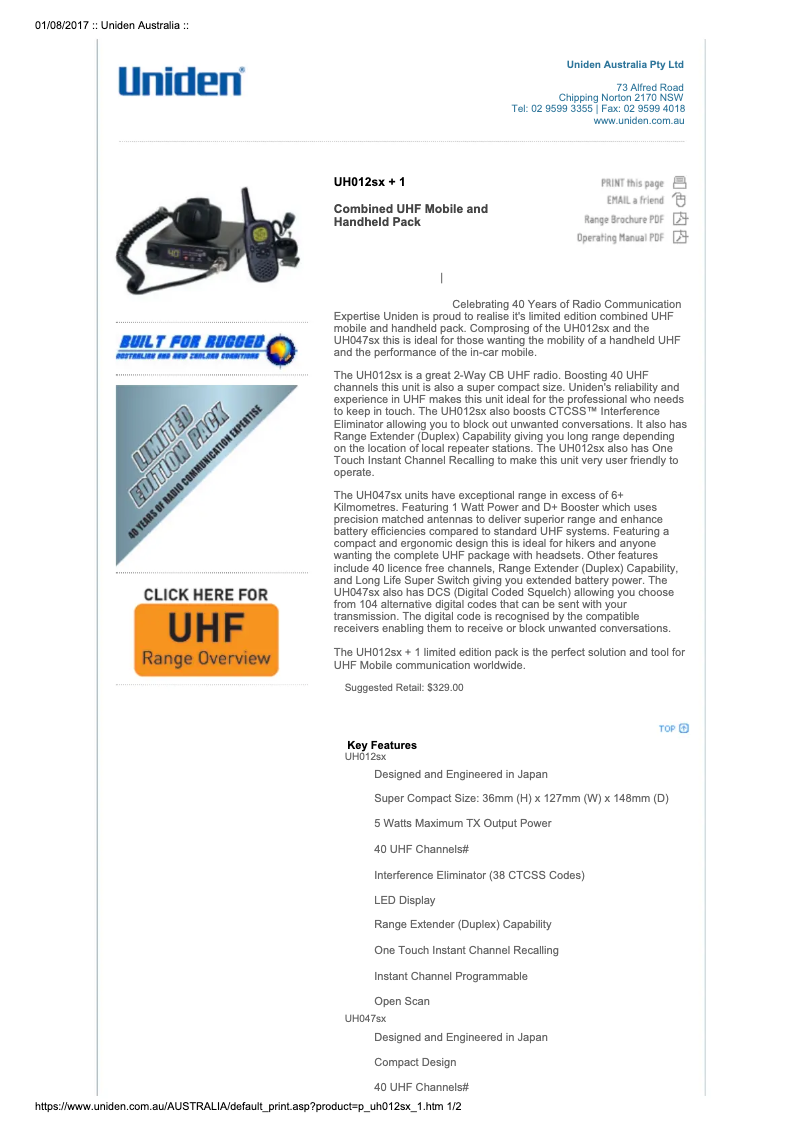 Page n°1 - Manuel utilisateur Uniden UH012SX