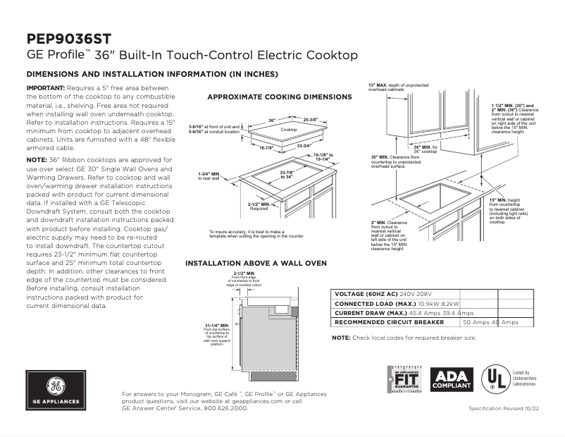 Page 1 de la notice Fiche technique GE Profile PEP9036STSS