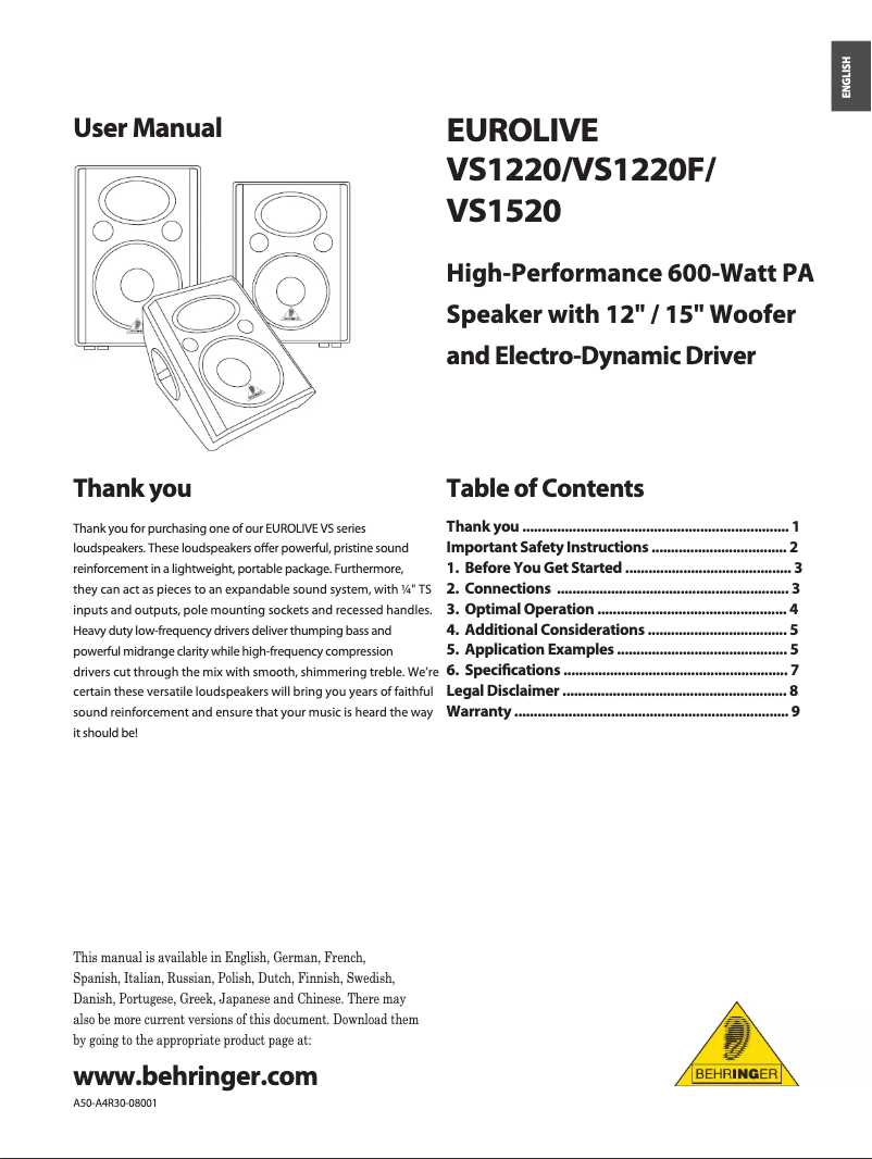Page 1 de la notice Manuel utilisateur Behringer Eurolive VS1220F