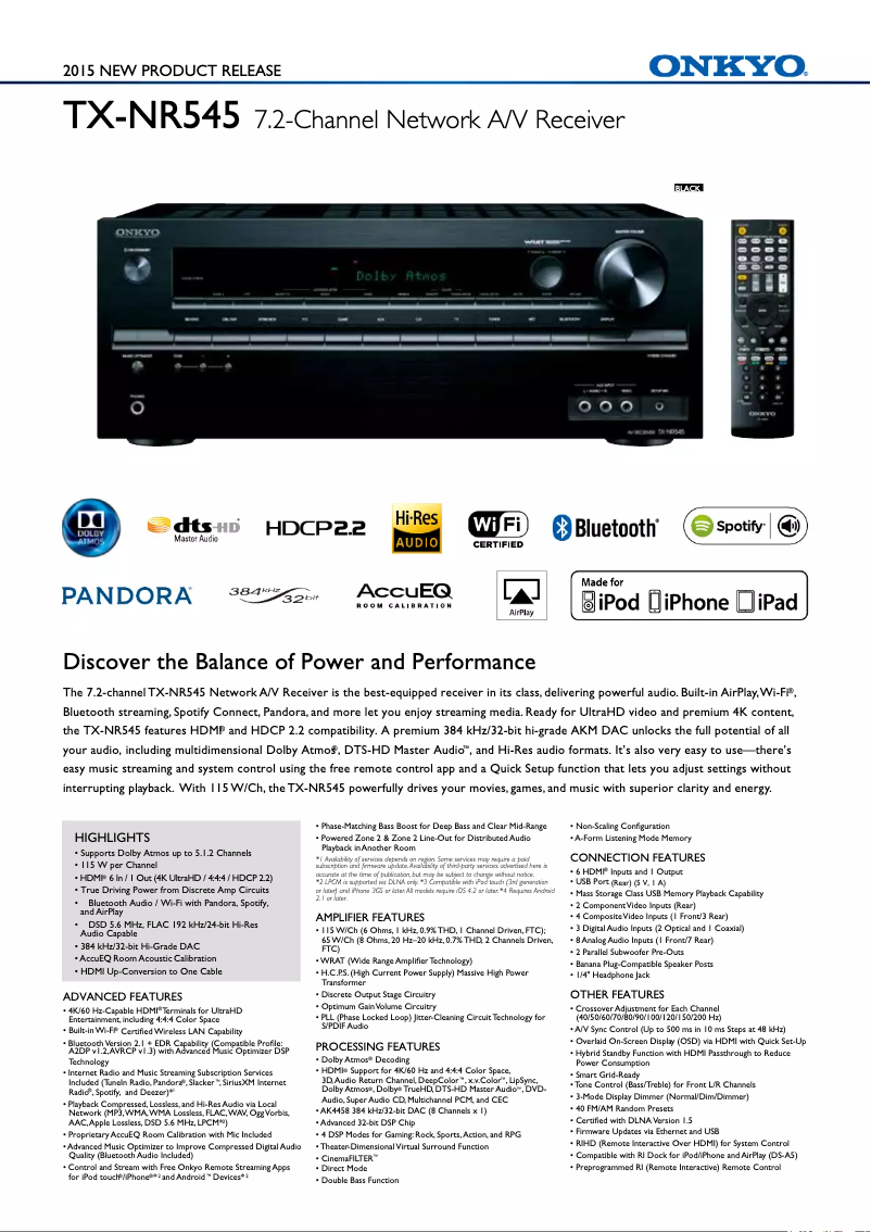 Page n°1 - Fiche technique Onkyo TX-NR545