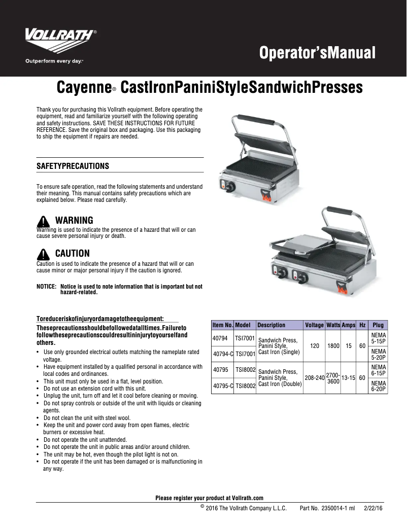 Page n°1 - Manuel utilisateur Vollrath 40794-C
