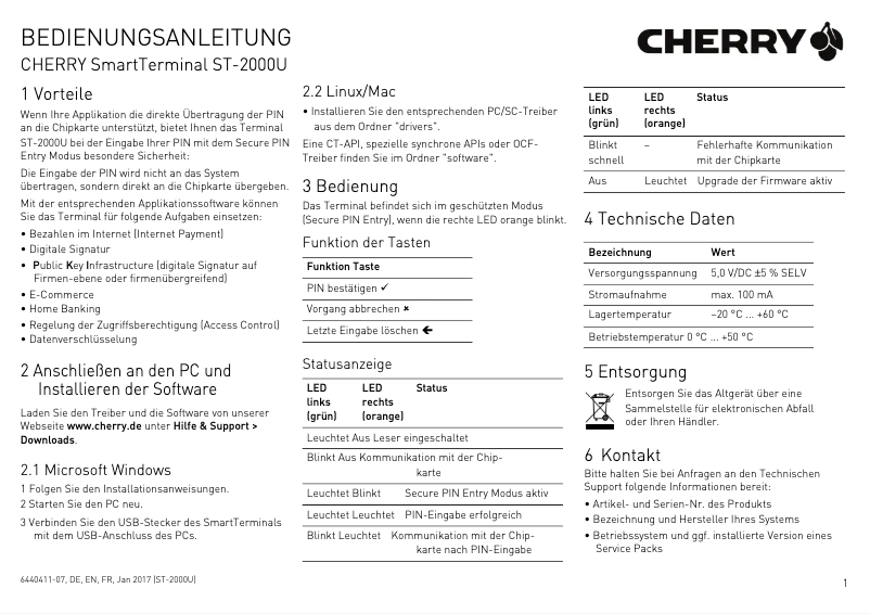Page 1 de la notice Manuel utilisateur Cherry SmartTerminal ST-2000U