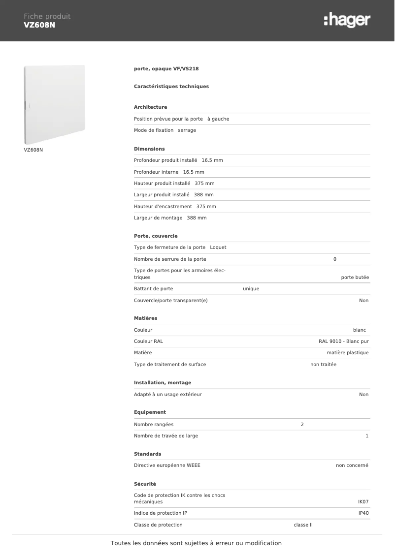 Page n°1 - Fiche technique Hager VZ608N