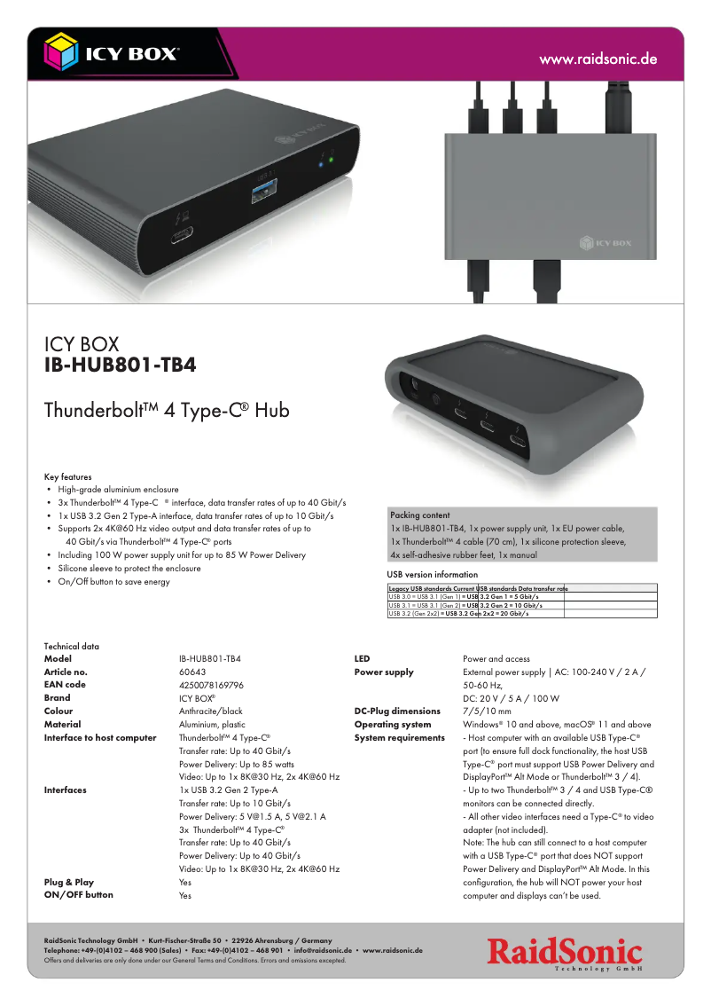 Página 1 del manual Ficha técnica Icy Box IB-HUB801-TB4