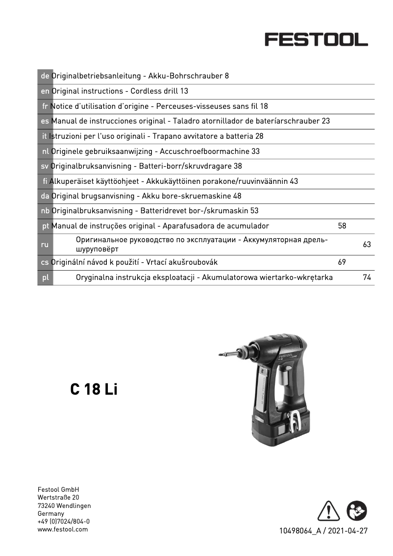 Page n°1 - Manuel utilisateur Festool C 18