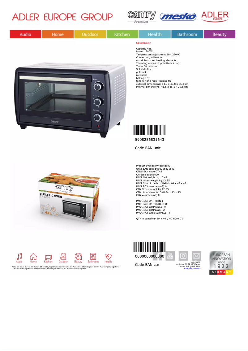 Page 1 of the manual User Manual Adler CR 6007