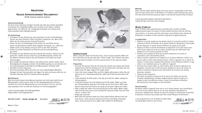 Page 1 de la notice Manuel utilisateur Relags Bellanapoli 633009