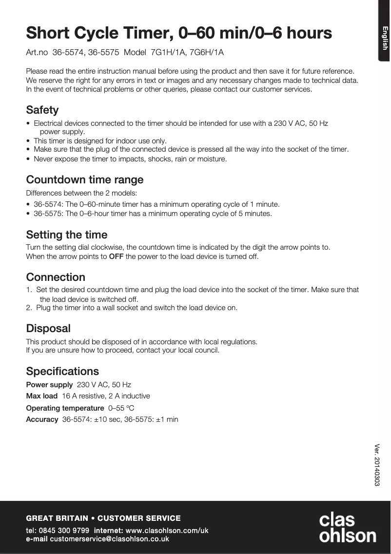 Page 1 de la notice Manuel utilisateur Clas Ohlson 7G1H