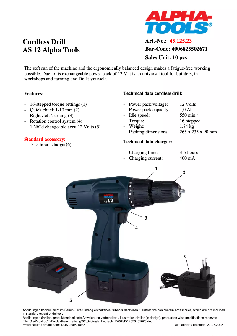 Page 1 de la notice Fiche technique Alpha Tools AS 12