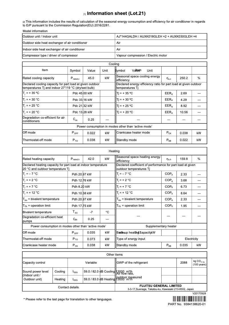 Page 1 de la notice Fiche technique Fujitsu AIRSTAGE AJY144GALDH