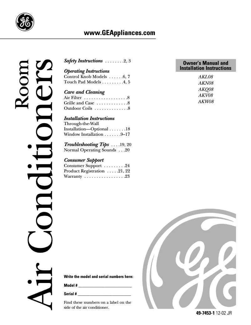 Page 1 de la notice Manuel d'utilisation et d'entretien GE AKN08FA