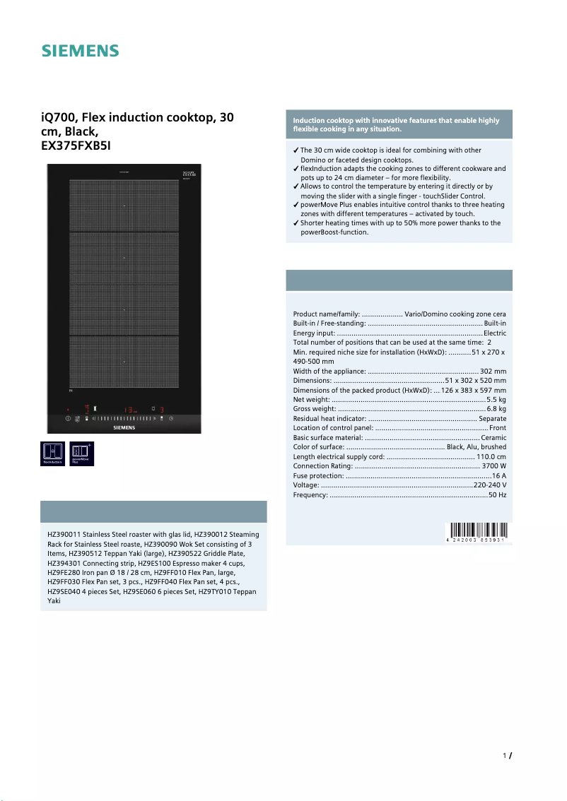 Page 1 de la notice Fiche technique Siemens EX375FXB5I