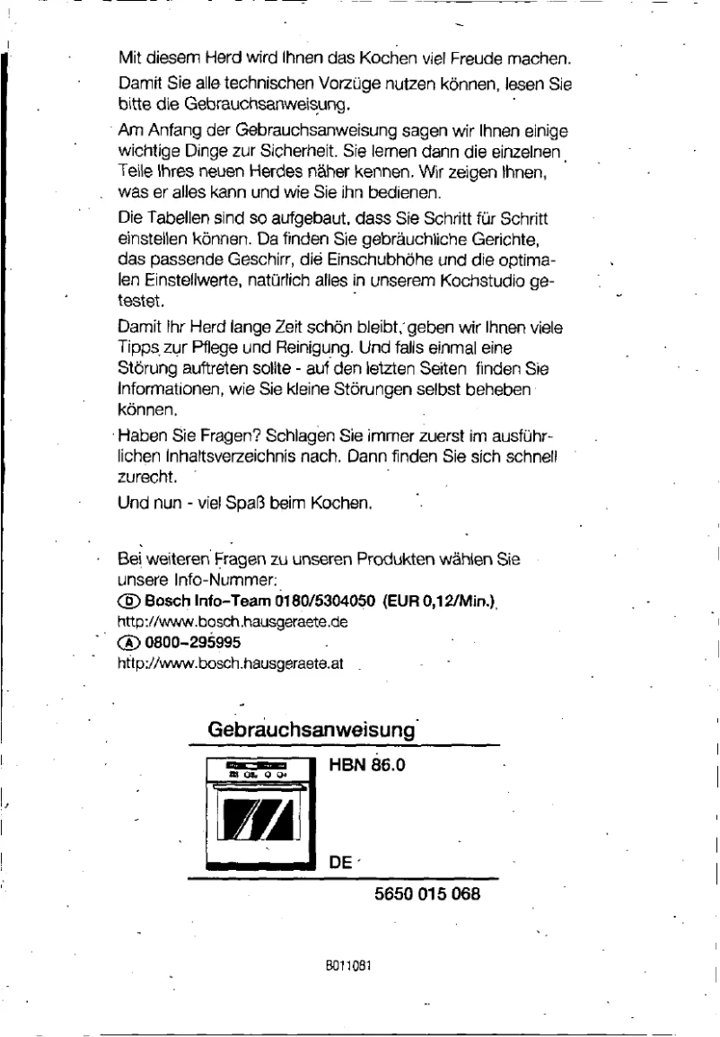 Page 1 de la notice Manuel utilisateur Bosch HBN8650