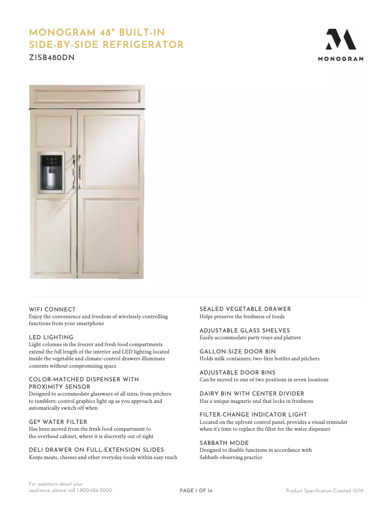 Page 1 de la notice Fiche technique Monogram ZISB480DNII