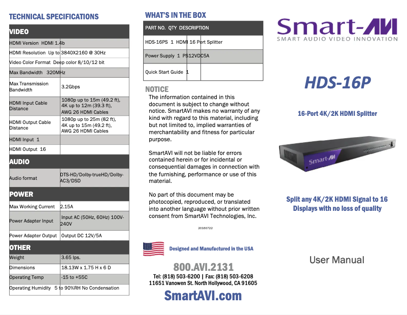 Page 1 de la notice Manuel utilisateur Smart-AVI HDS16P