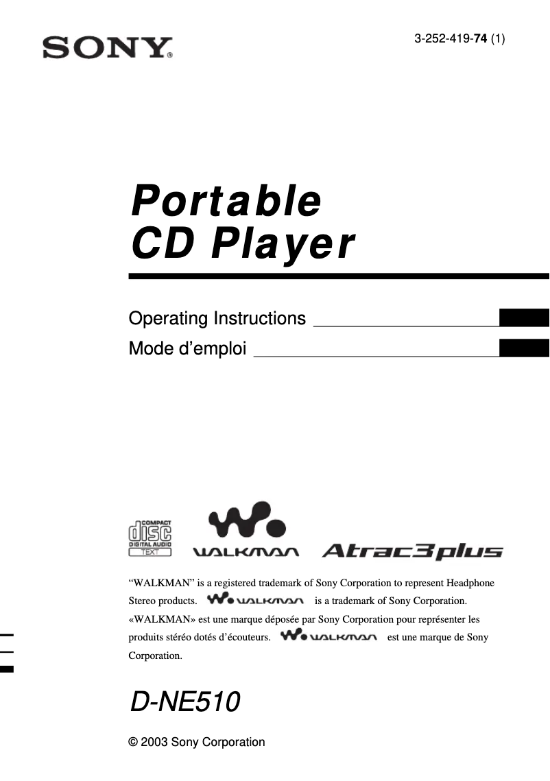 Page 1 de la notice Manuel utilisateur Sony D-NE510