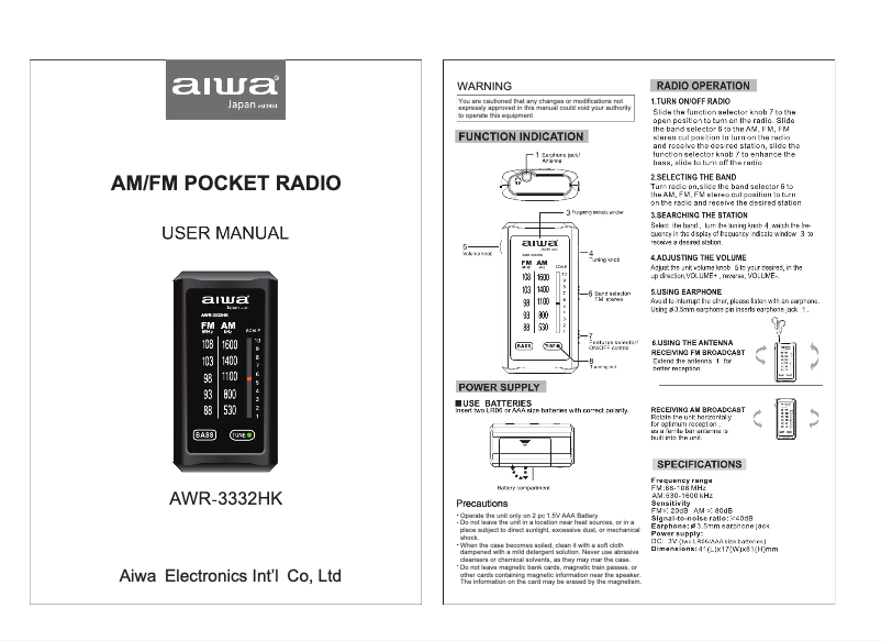 Page 1 de la notice Manuel utilisateur Aiwa AWR-3332HK