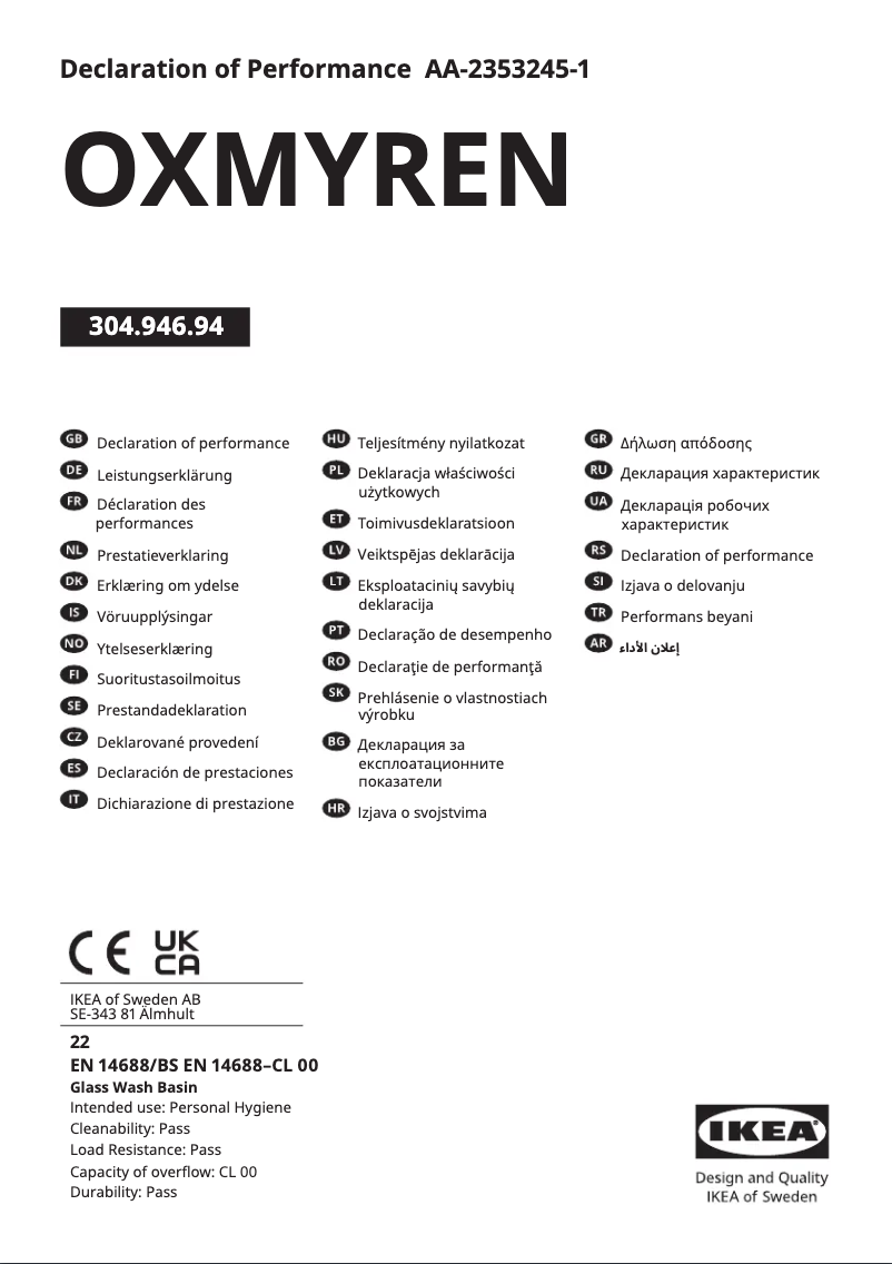 Page 1 de la notice Manuel utilisateur Ikea OXMYREN 304.946.94