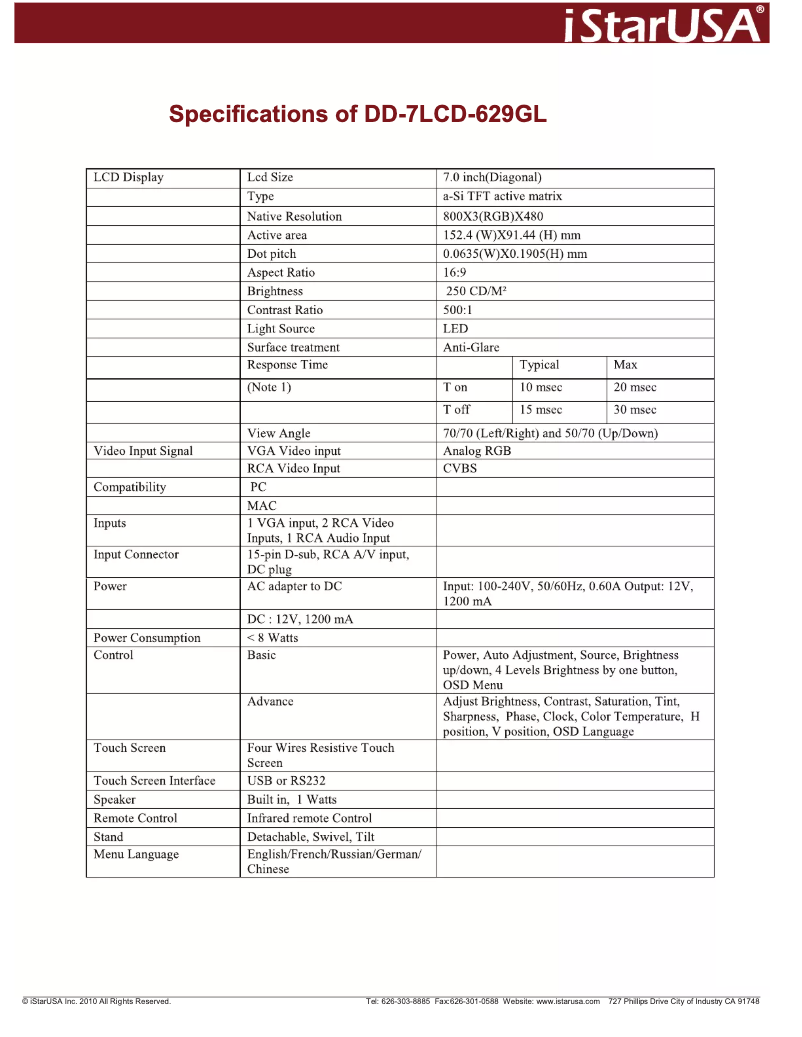Page 1 de la notice Manuel utilisateur iStarUSA DD-7LCD-629GL