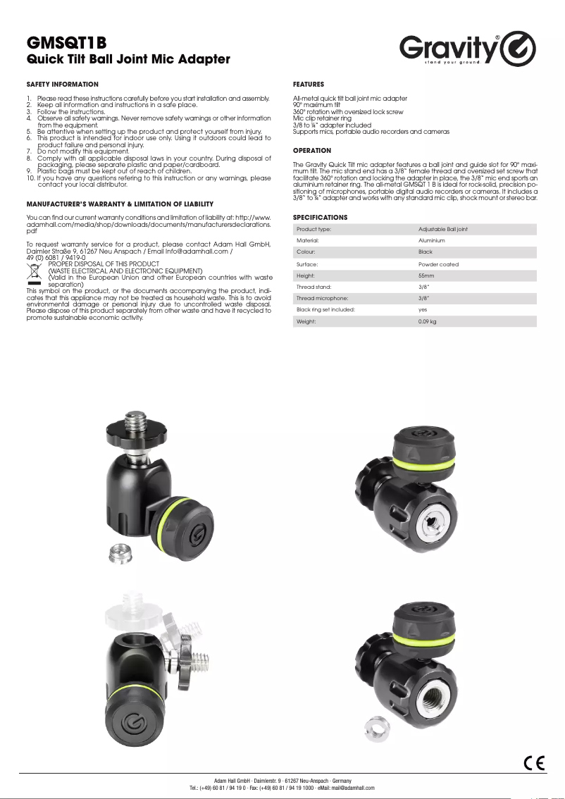 Page 1 de la notice Manuel utilisateur Gravity GMSQT1B