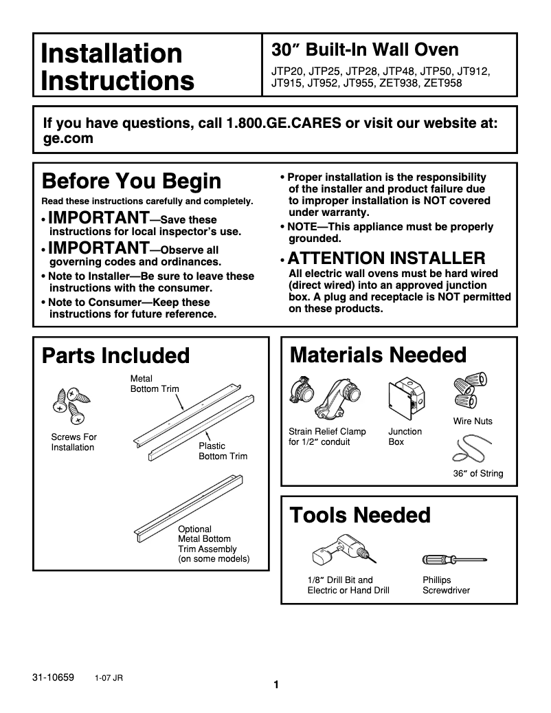 Page 1 de la notice Guide d'installation GE JTP20BFBB