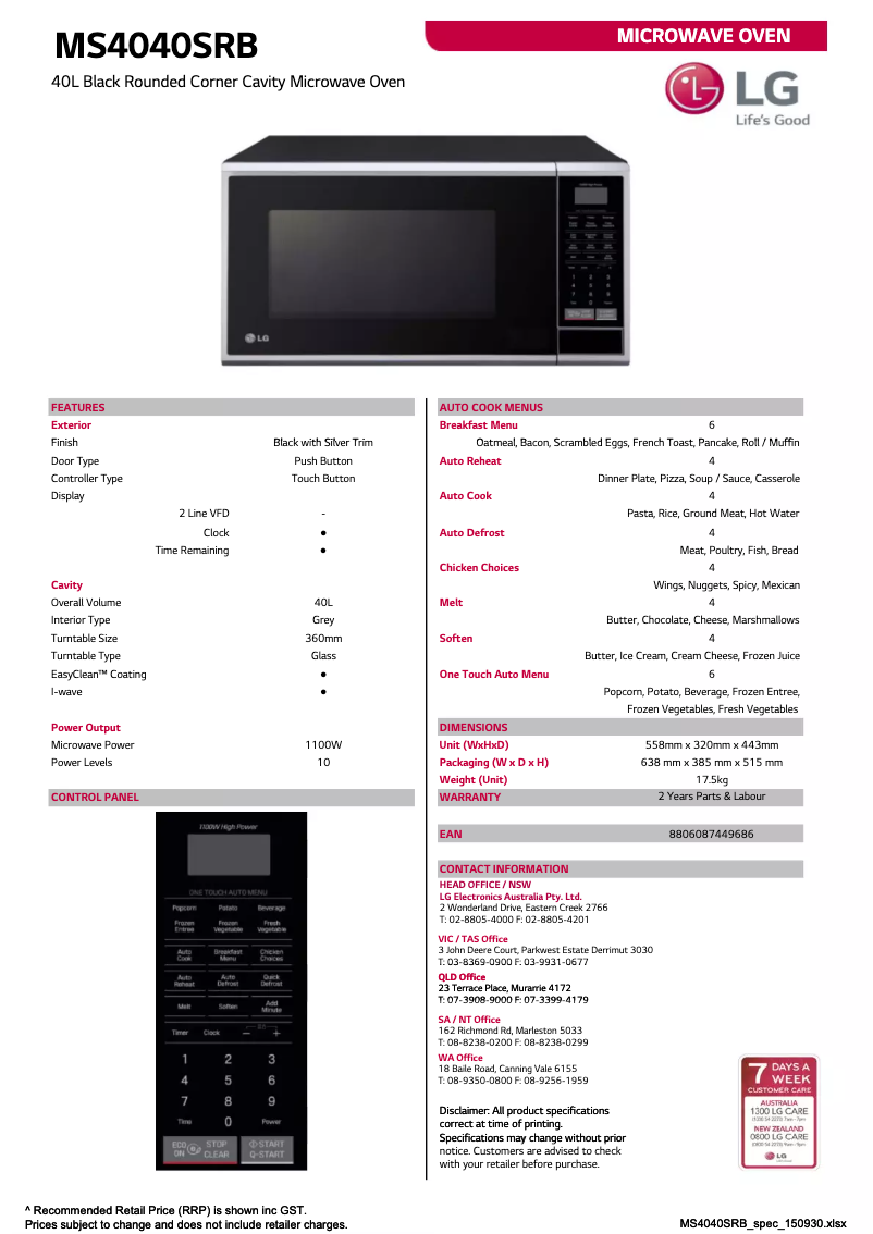 Page 1 de la notice Fiche technique LG MS4040SRB