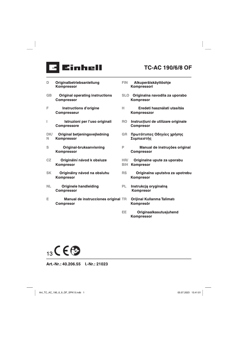 Page 1 de la notice Manuel utilisateur Einhell TC-AC 190/6/8 OF