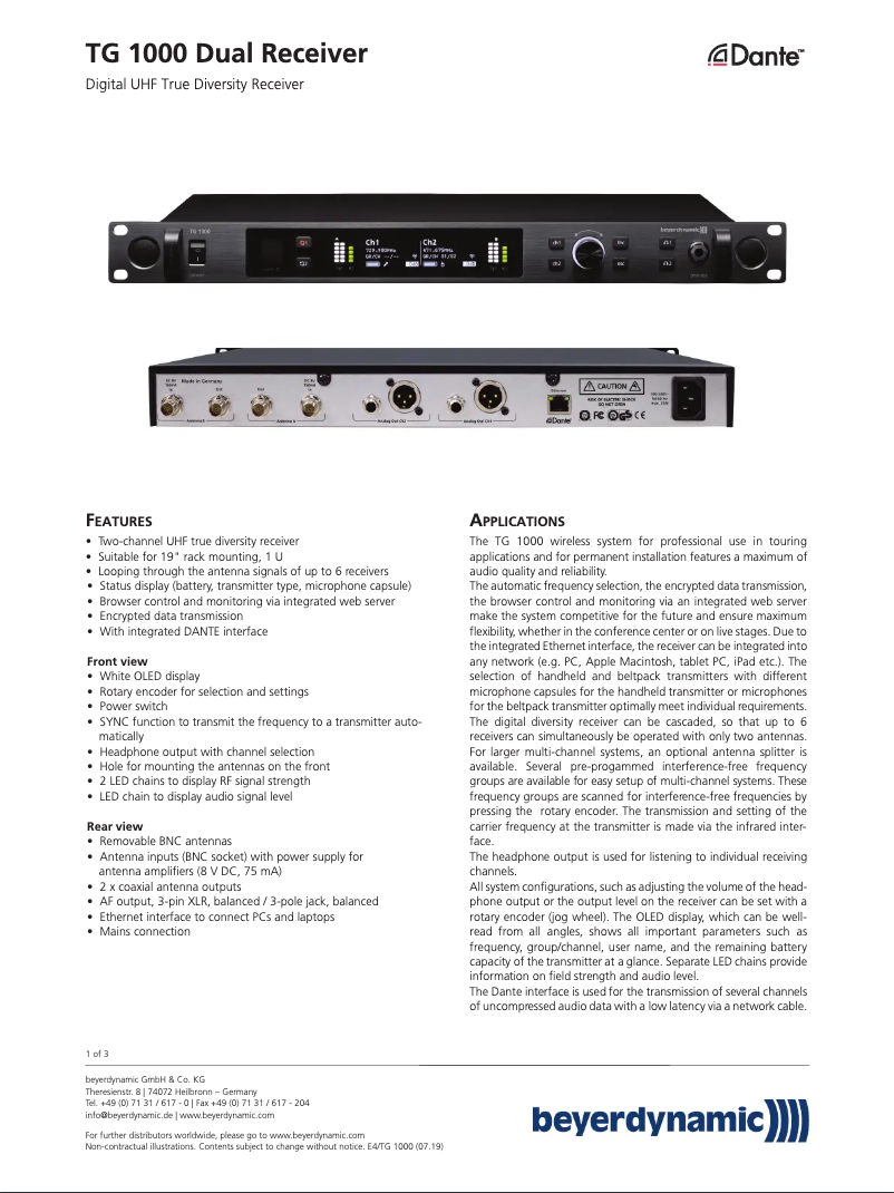 Page 1 de la notice Fiche technique Beyerdynamic TG 1000