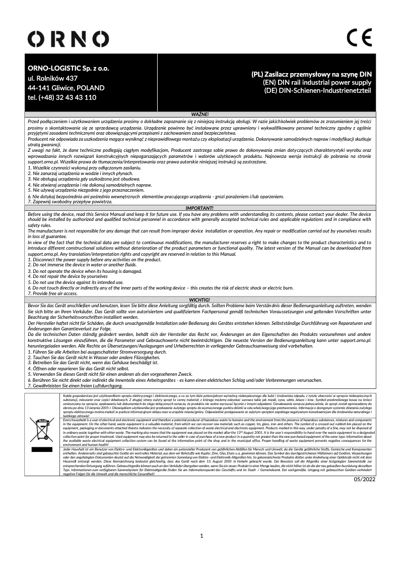 Page n°1 - Manuel utilisateur ORNO OR-PSU-1657