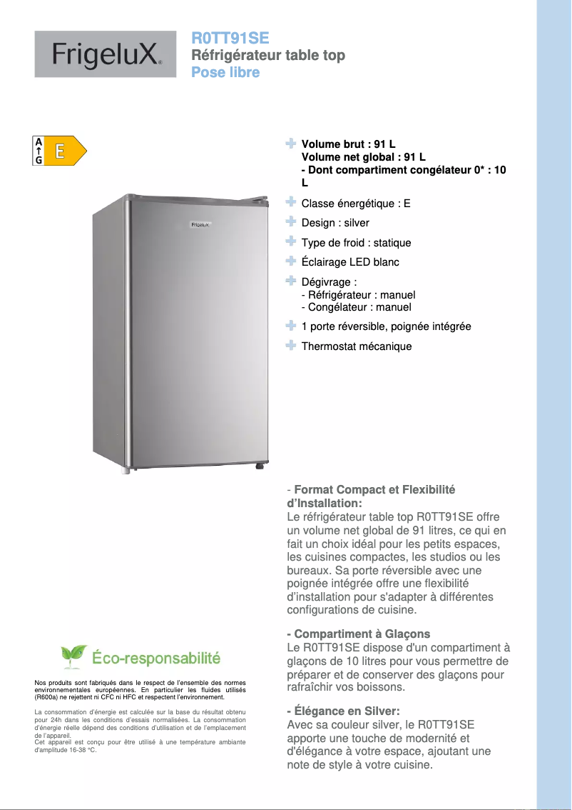 Page n°1 - Fiche technique FrigeluX R0TT91SE