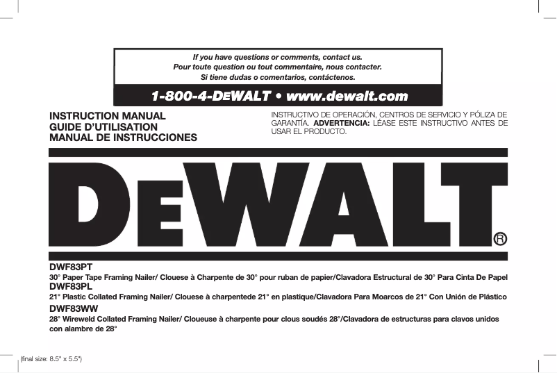Page 1 de la notice Manuel utilisateur DeWalt DWF83PL
