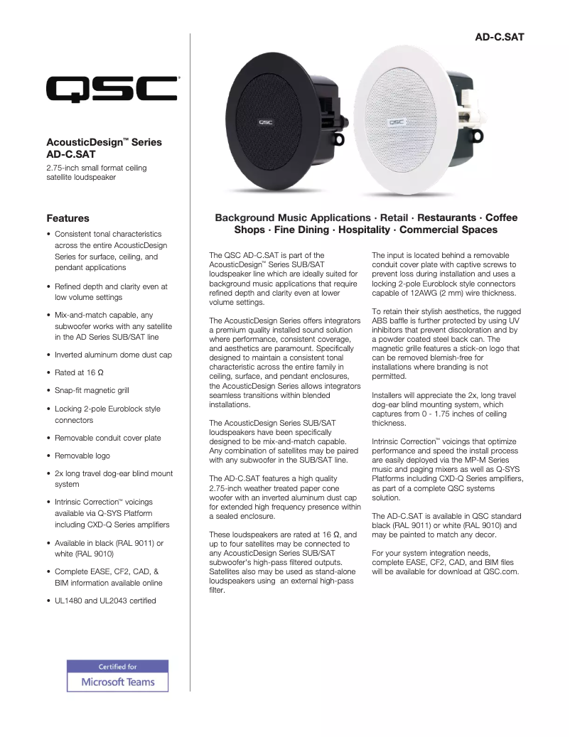 Page 1 de la notice Fiche technique QSC AD-C.SAT