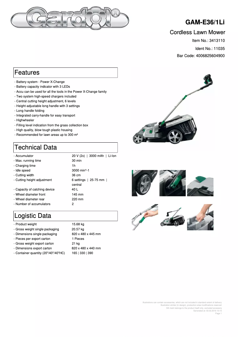 Page n°1 - Fiche technique Gardol GAM-E36/1Li