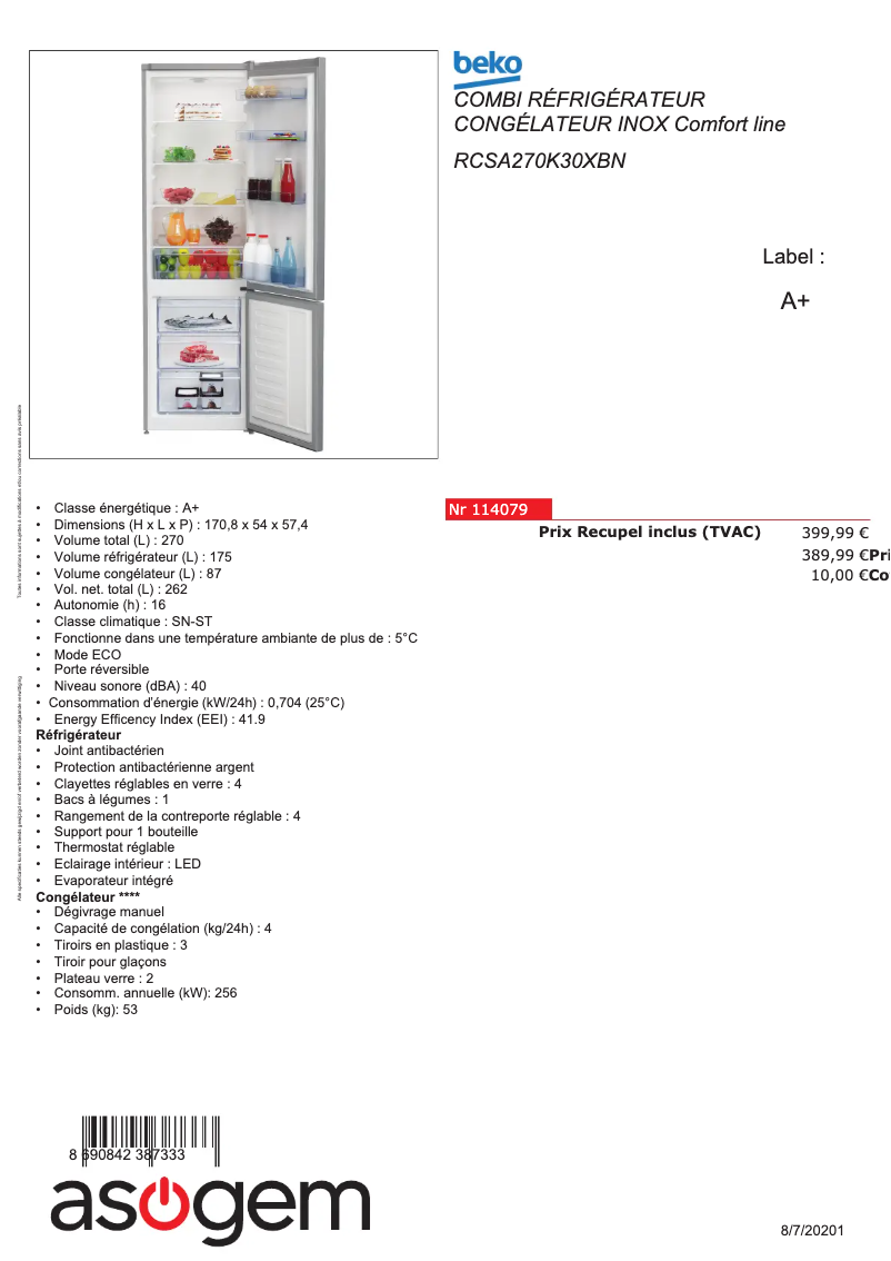 Page n°1 - Fiche technique Beko RCSA270K30XBN
