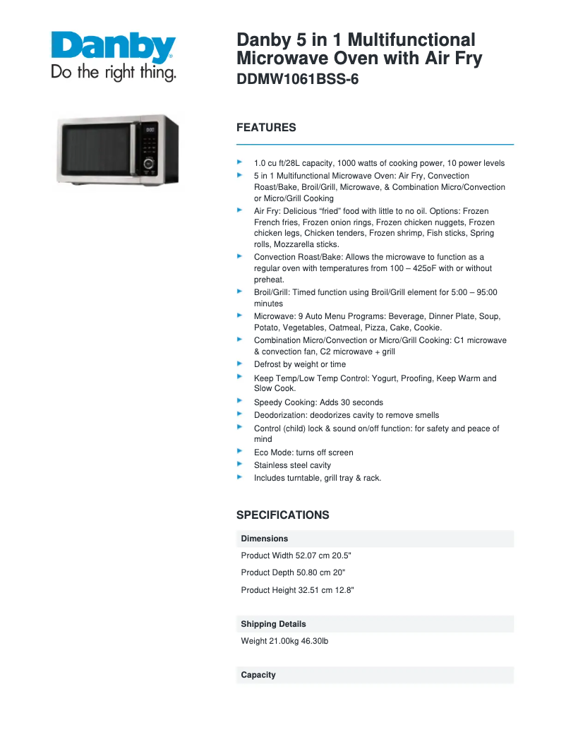 Page 1 de la notice Fiche technique Danby DDMW1061BSS-6