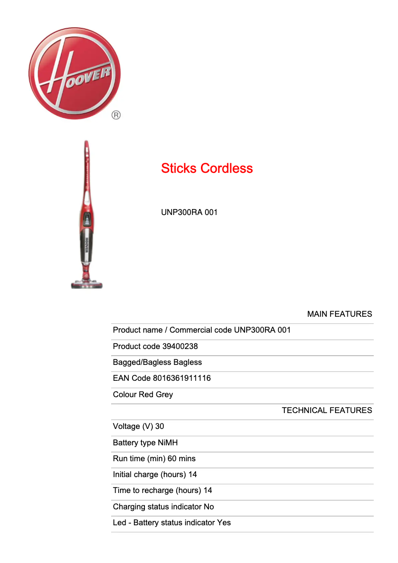 Page n°1 - Fiche technique Hoover UNP300RA 001
