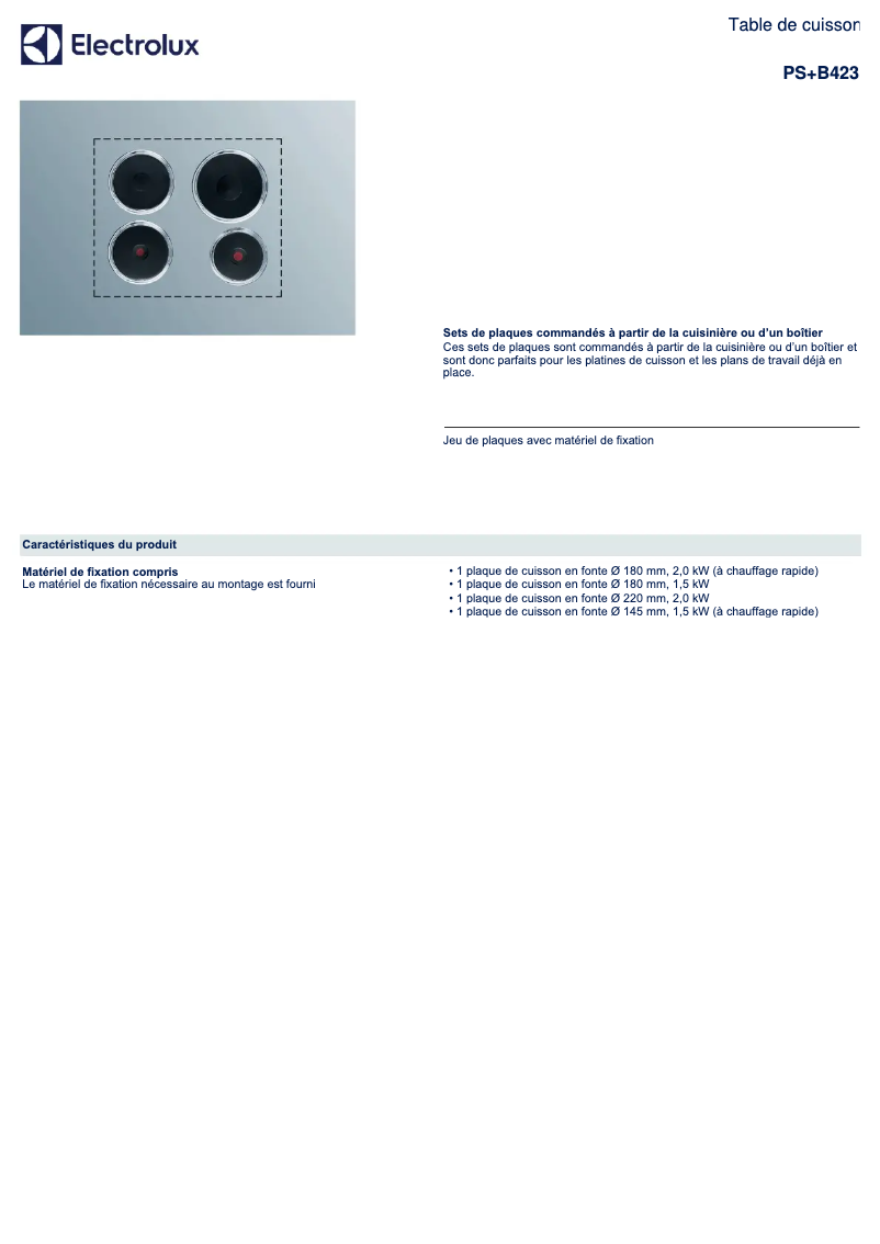 Page n°1 - Fiche technique Electrolux PS+B423