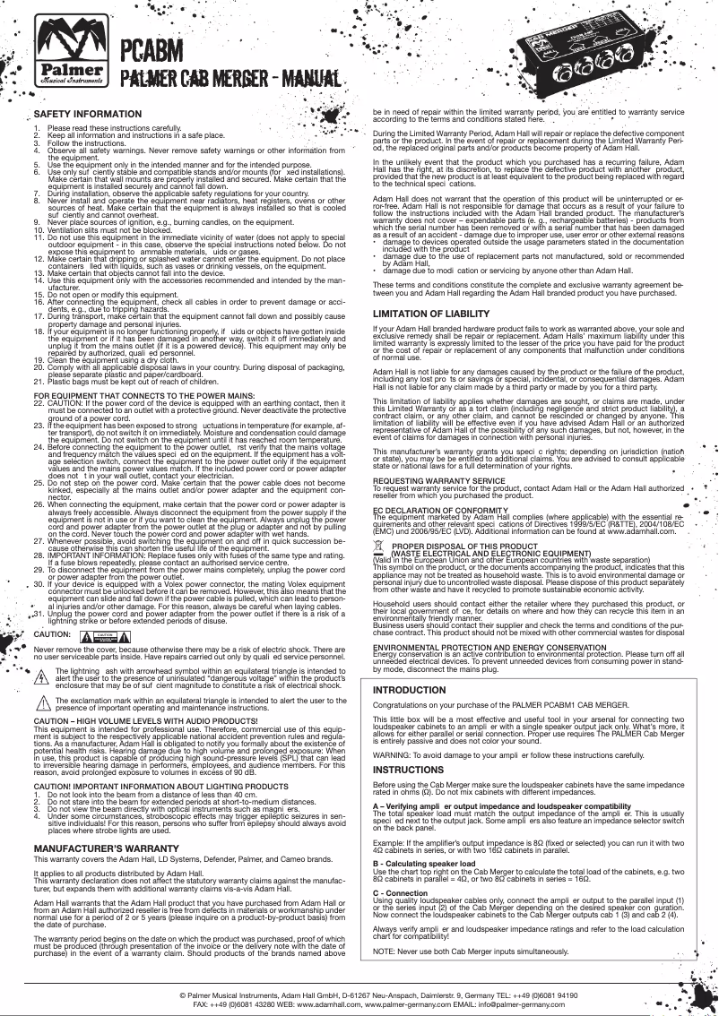 Page 1 de la notice Manuel utilisateur Palmer CAB M