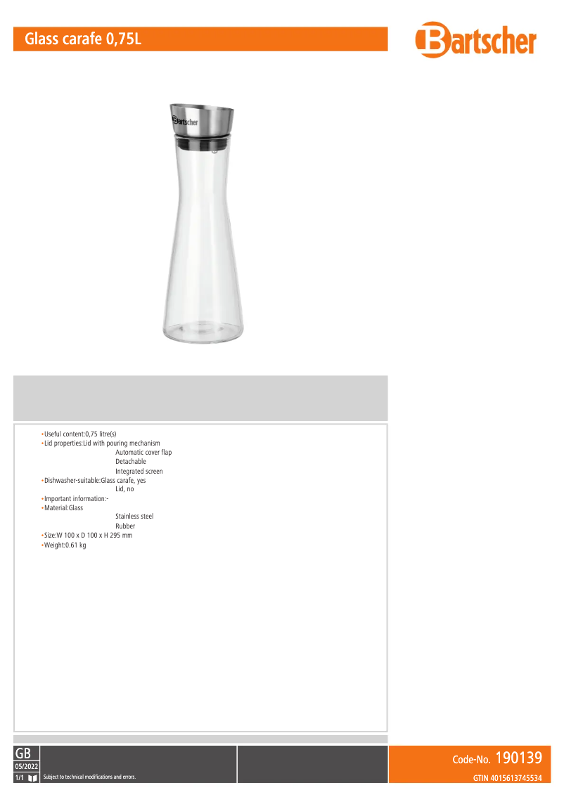 Page 1 de la notice Fiche technique Bartscher 190139
