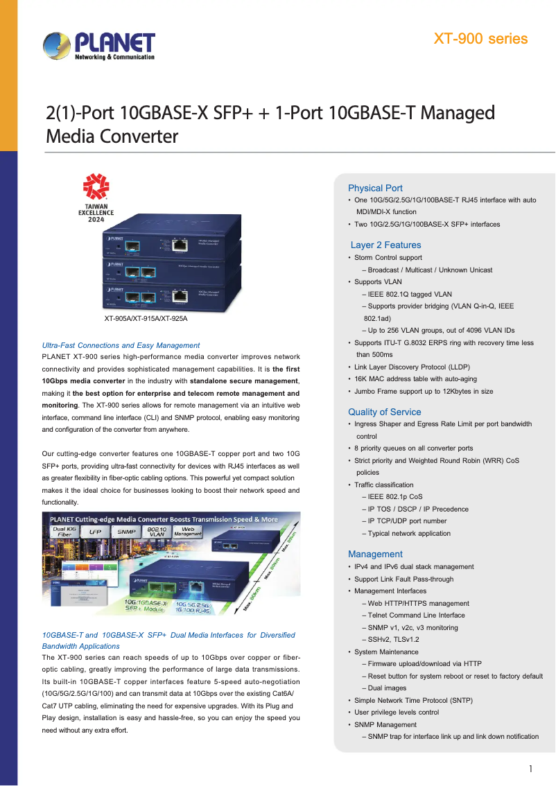 Page 1 de la notice Fiche technique Planet XT-915A