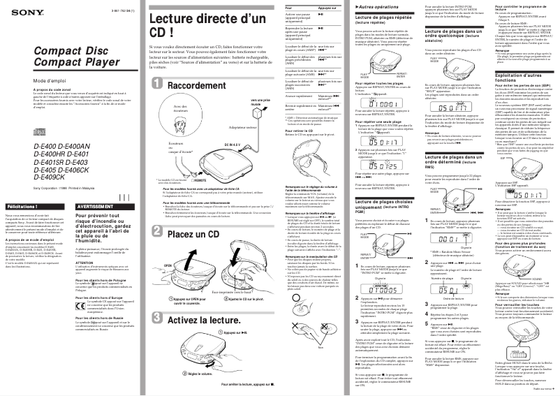 Page 1 de la notice Manuel utilisateur Sony D-E400HR