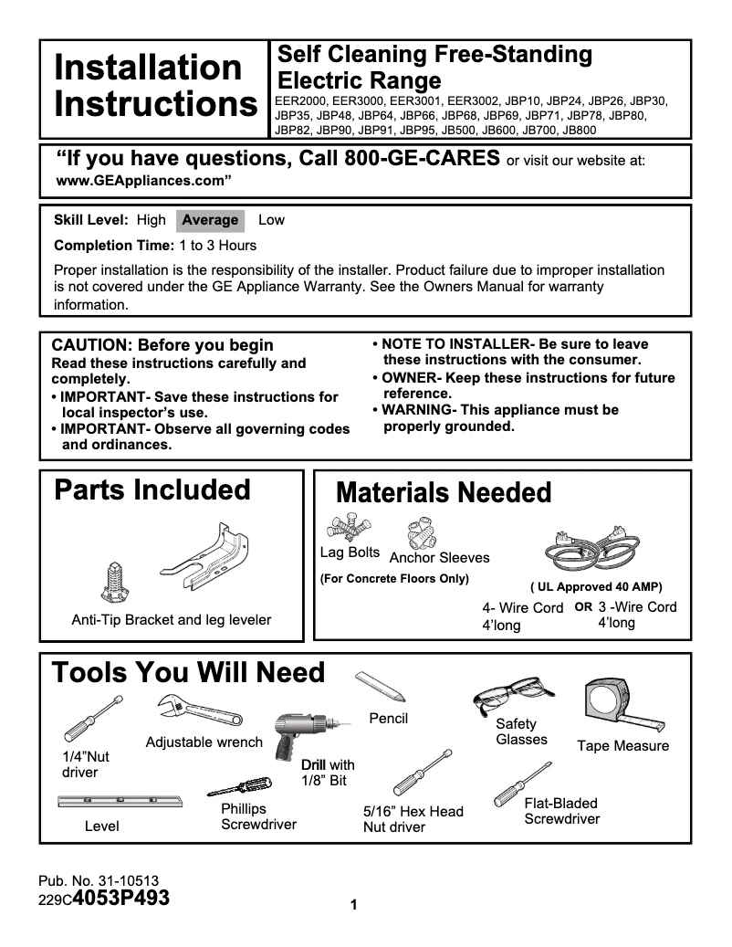 Page 1 de la notice Guide d'installation GE JBP10WDWW