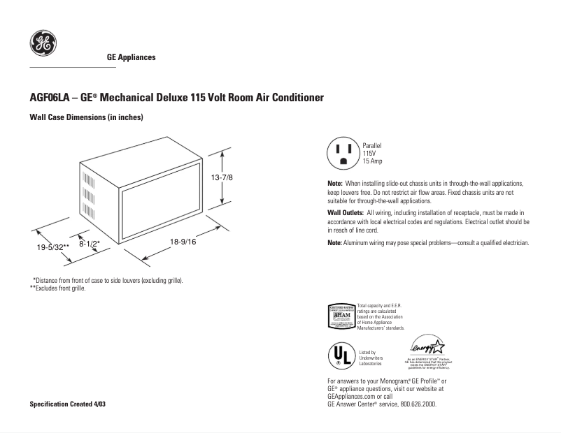 Page 1 of the manual Technical Sheet GE AGF06LA