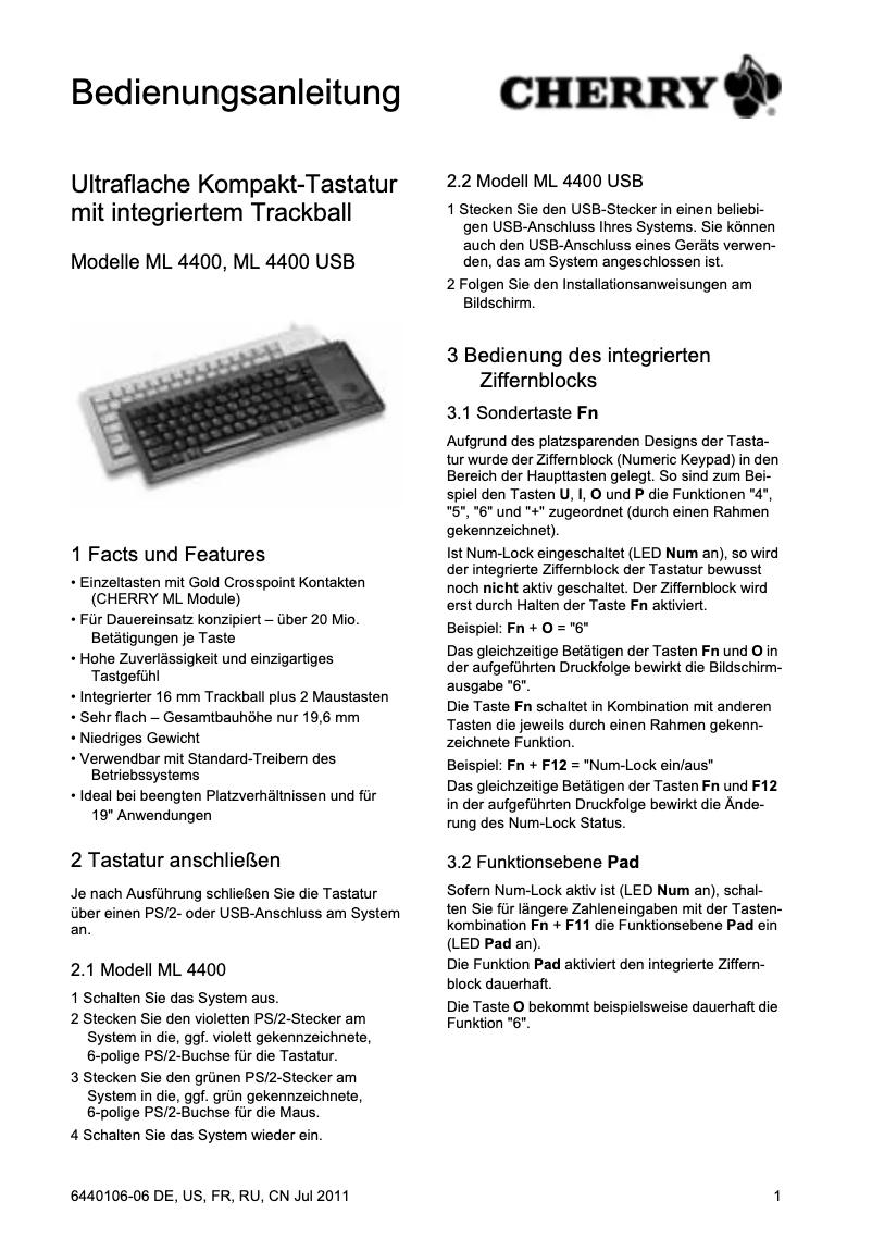 Page n°1 - Manuel utilisateur Cherry ML 4400 USB