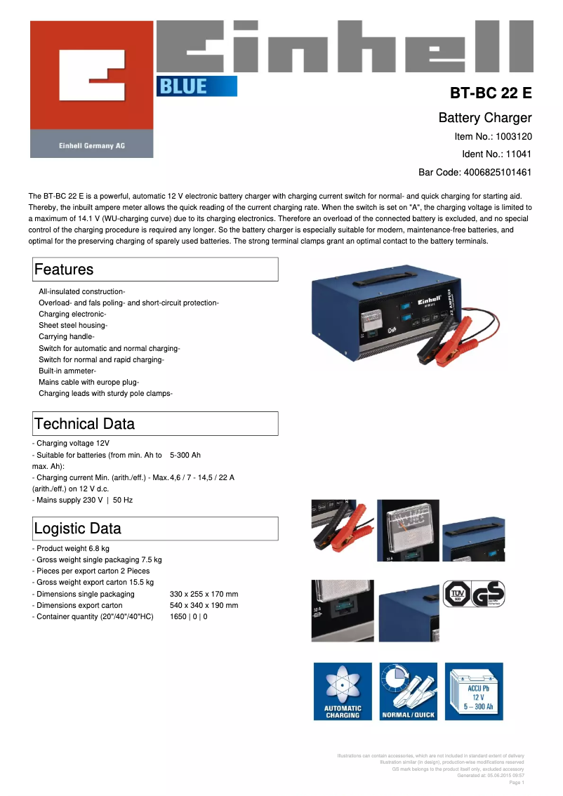 Page 1 de la notice Fiche technique Einhell BT-BC 22 E