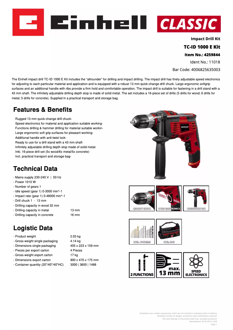 Page n°1 - Fiche technique Einhell TC-ID 1000 E Kit