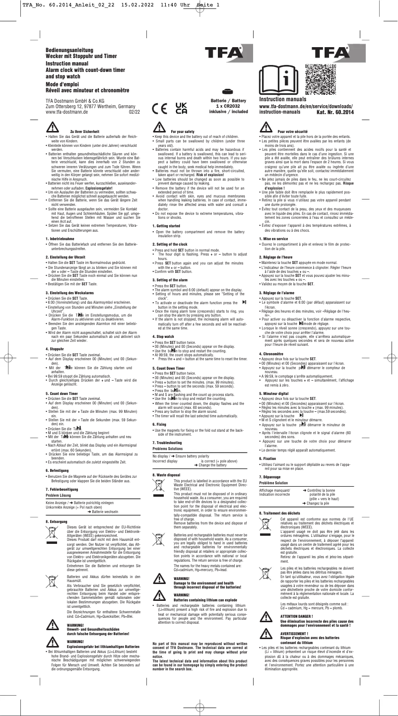 Page 1 de la notice Manuel utilisateur TFA 60.2014.01