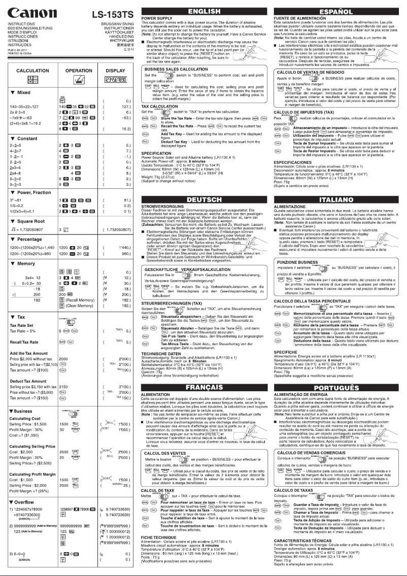 Page 1 de la notice Manuel utilisateur Canon LS-153TS