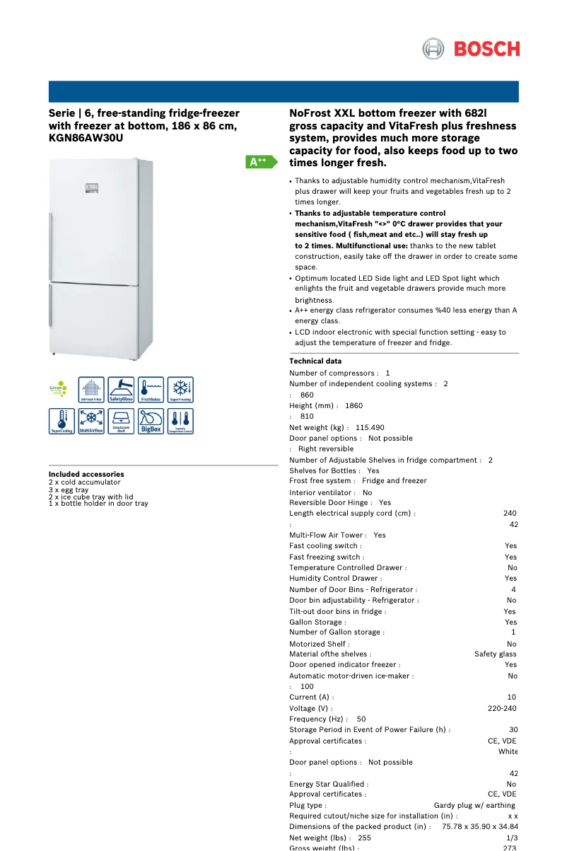 Page n°1 - Fiche technique Bosch KGN86AW30U