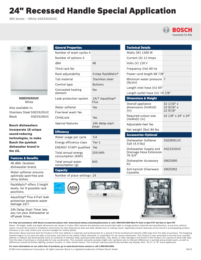 Página 1 del manual Ficha técnica Bosch SGE53U5